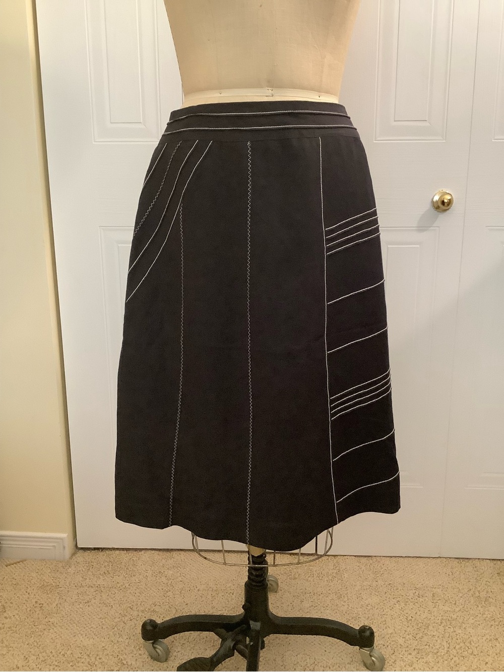 Russell Kemp Black Linen Midi Skirt with White Contrast Stitching
